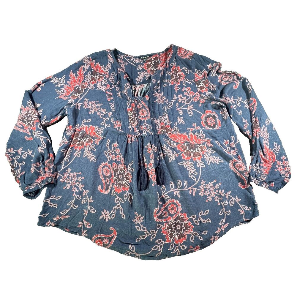 Women's Lucky Brand LS Floral Paisley Peasant Blouse Blue Red Size M